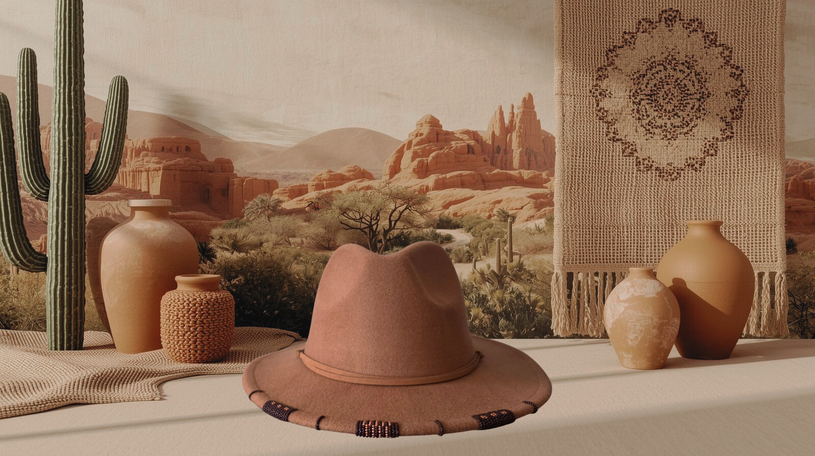 Desert landscape with cacti, vases, and a beaded hat in front of a woven wall hanging.
