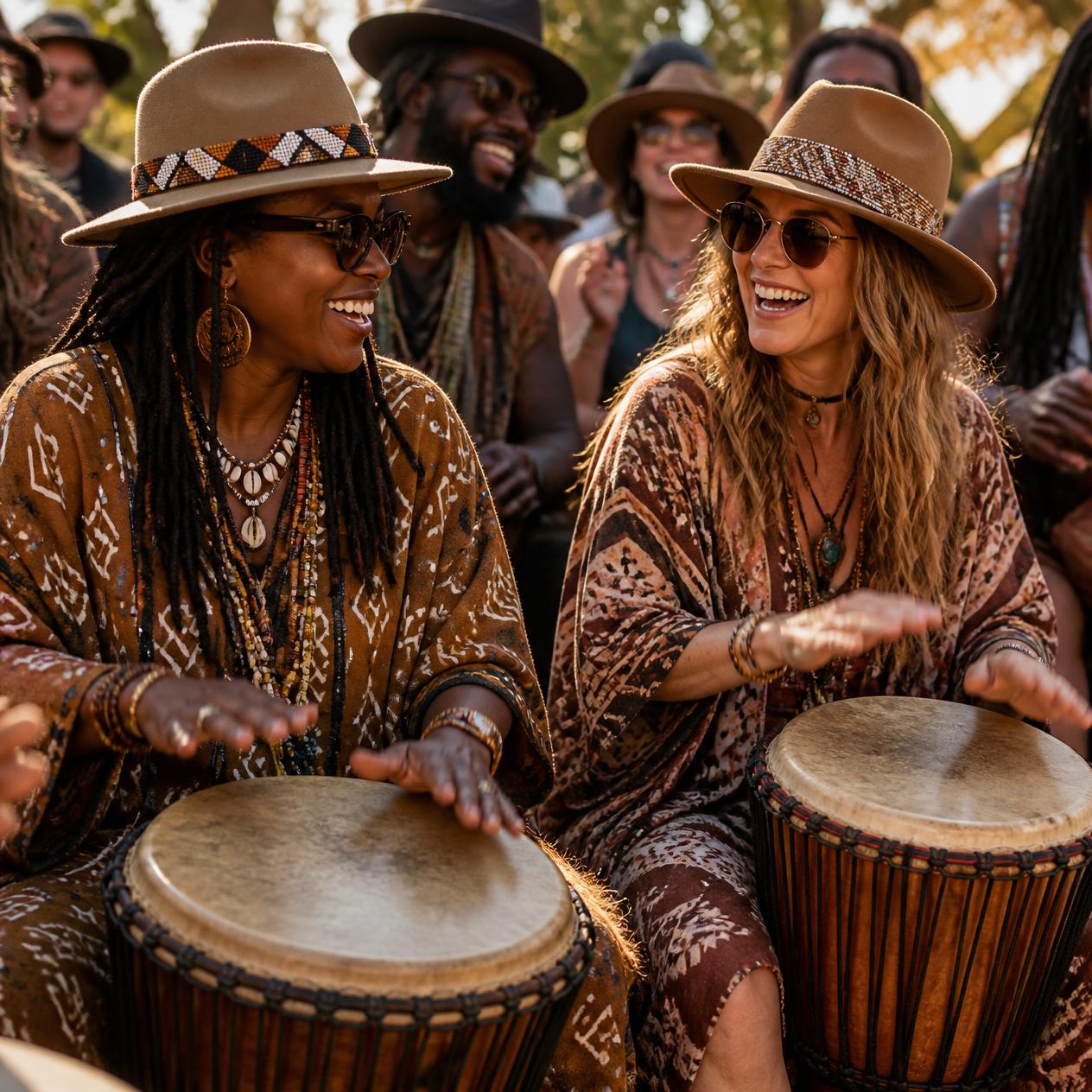 Two women wearing wide-brim tan hats and patterned brown garments play djembe drums, smiling in a lively outdoor group setting with other musicians in the background.