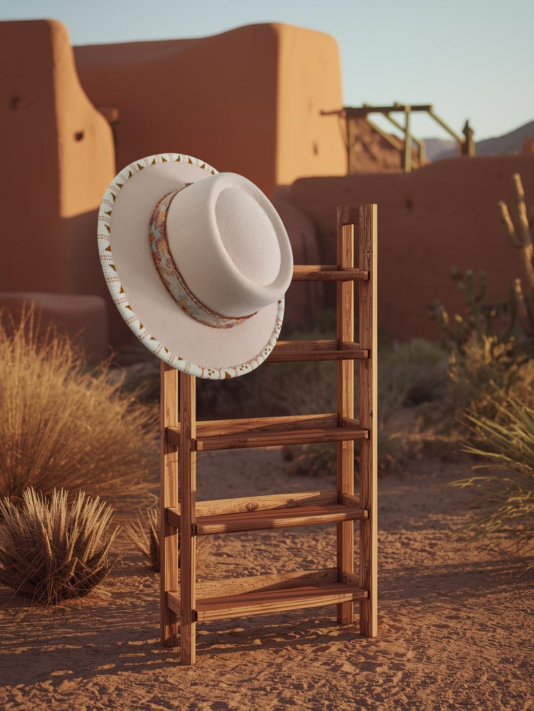 Beaded flat top derby or pow wow women's hat on a wooden ladder against a desert backdrop with adobe-style buildings.