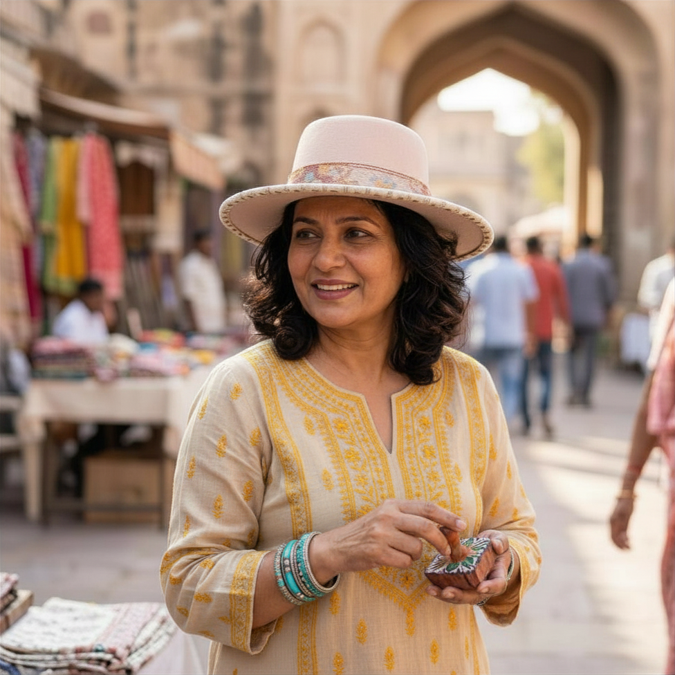 A woman wearing a cream-colored traditional kurta with yellow embroidery and a matching cream wide-brim beaded hat stands in a bustling outdoor market street with stone arches in the background.