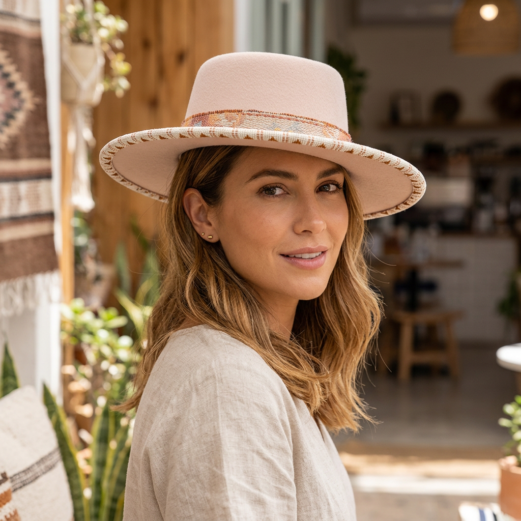 A woman wearing a cream flat-top fedora hat featuring a hand-beaded patterned brim edge and a multi-colored wool southwestern pendleton hat band.