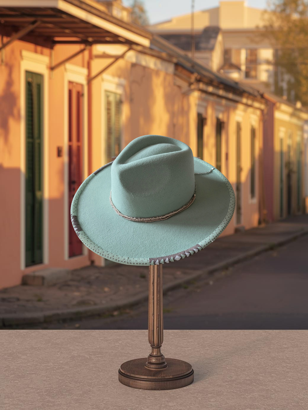 green wool fedora hat with a custom fully beaded wide brim and simple beaded hat band.