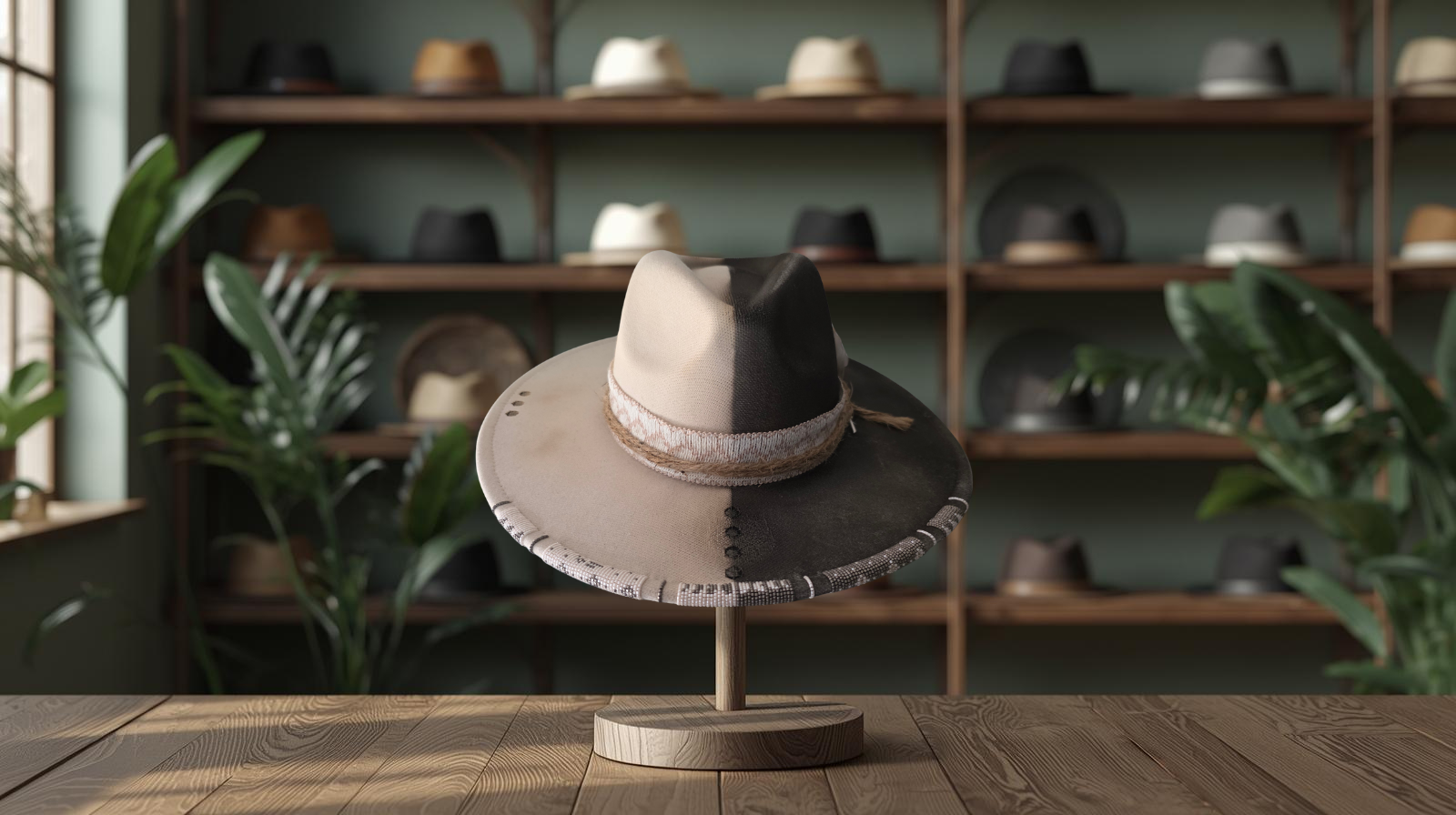 A two-tone beige and black wool fedora hat with a hand-beaded brim displayed on a wooden stand in a hat shop