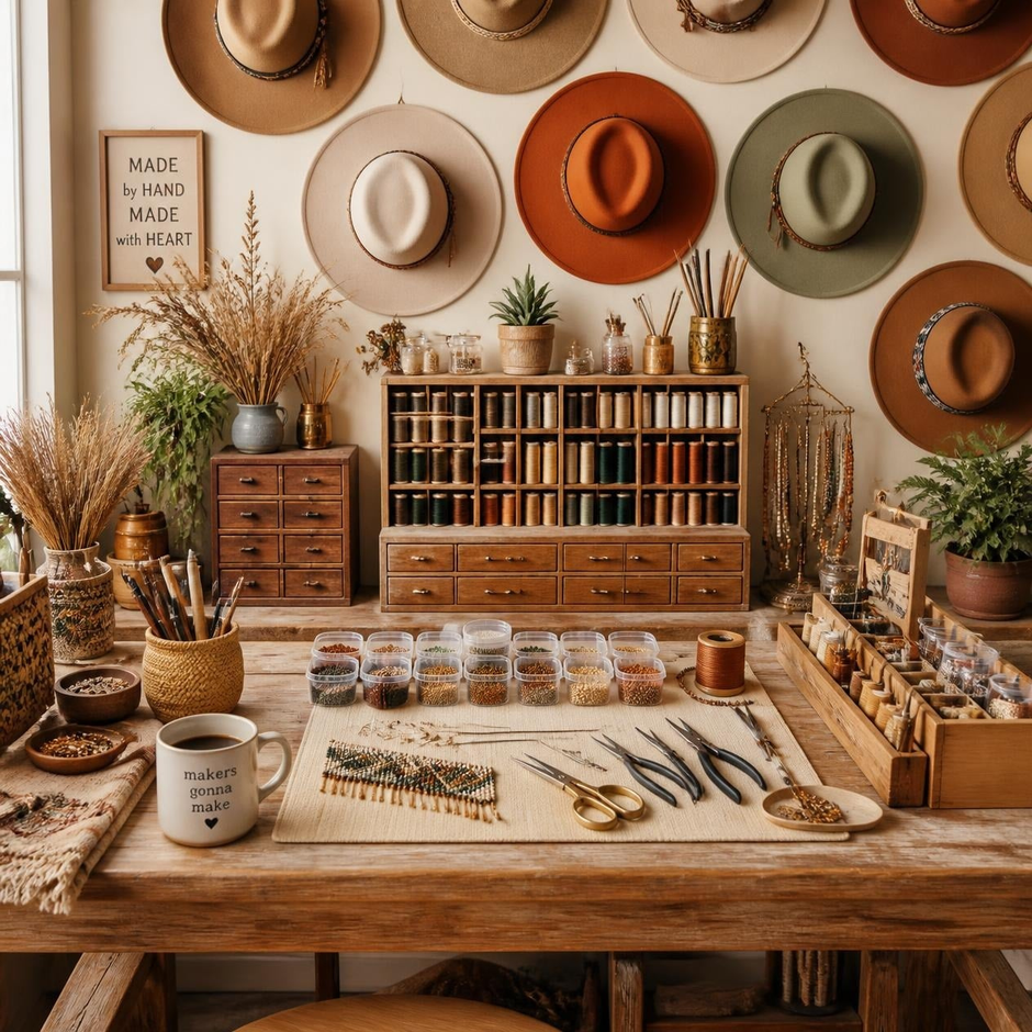 A rustic, bohemian-style craft workshop table filled with sewing and beading tools, yarn spools, and small jars, set against a wall decorated with multiple woven hats.