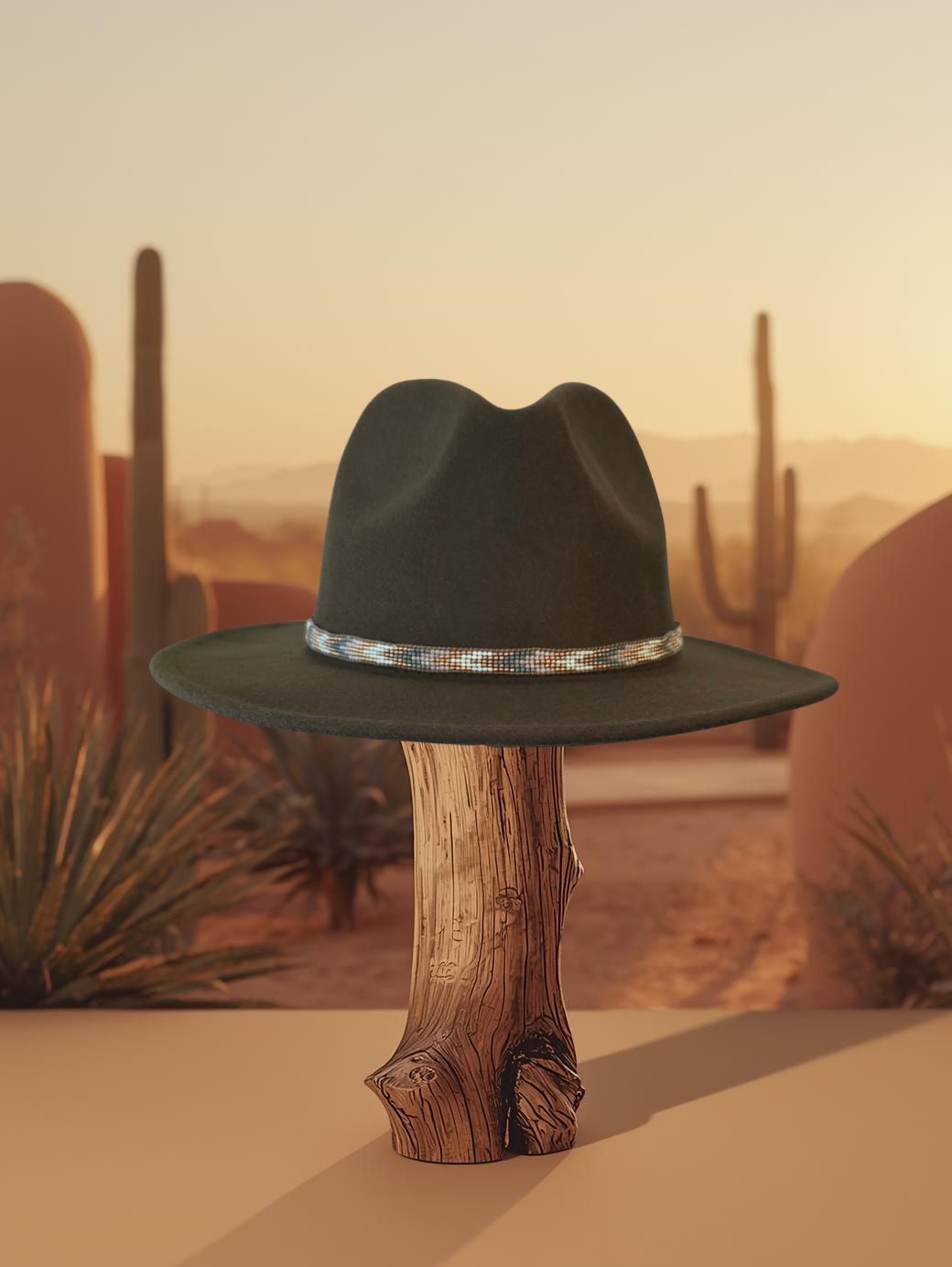 Handcrafted sage green, ivory, and tan beaded hat band with a subtle desert-inspired pattern by Beaded Tiger