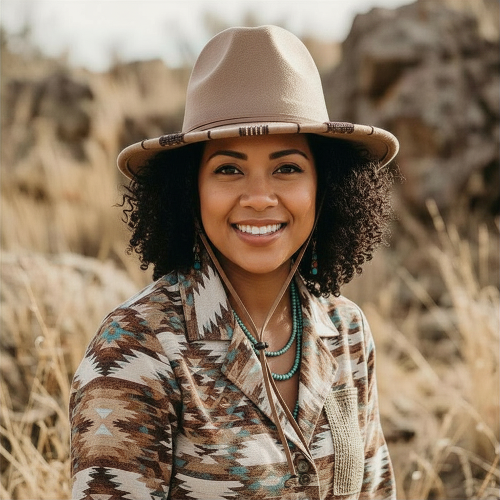 A woman wearing a tan wool beaded brim fedora hat with an adjustable chin strap, accented by a brown patterned hat band outdoors.