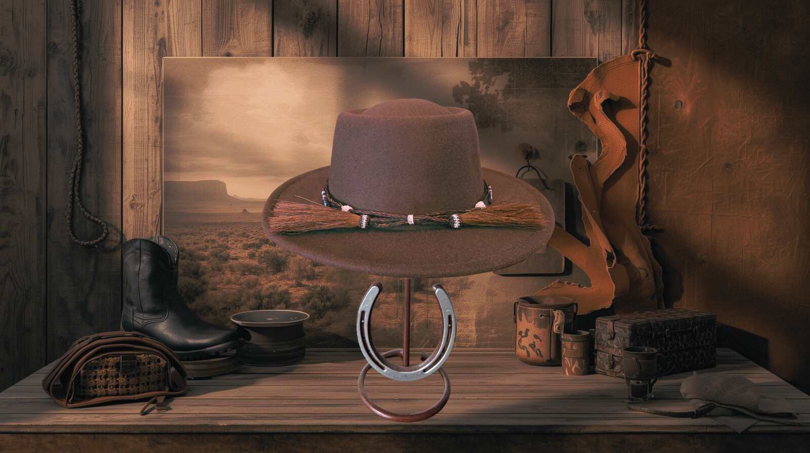A brown cowboy hat displayed on a metal stand in a rustic western-themed room, with a wooden wall, boots, a guitar, and western decor in the background.