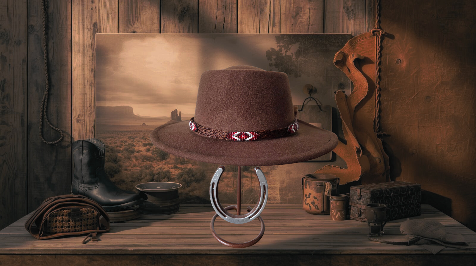 A brown wide-brim fedora hat with a red and white patterned band sits on a metal stand on a rustic wooden table, surrounded by western-themed props including a cowboy boot, small hatbox, and a framed landscape print against a wooden wall.
