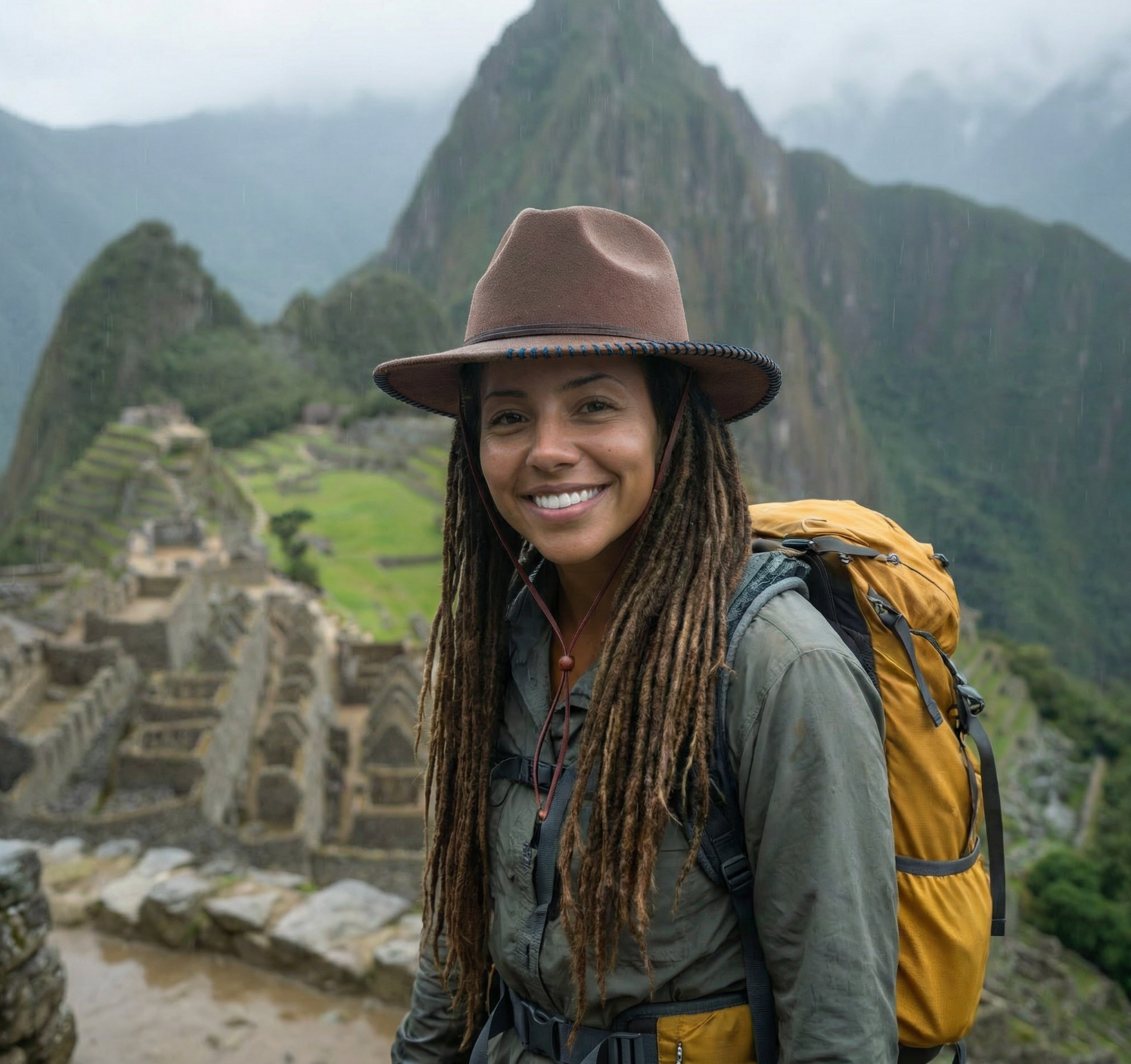 Woman with dreadlocks and a brown hat standing in front of Machu Picchu with mountains in the background.