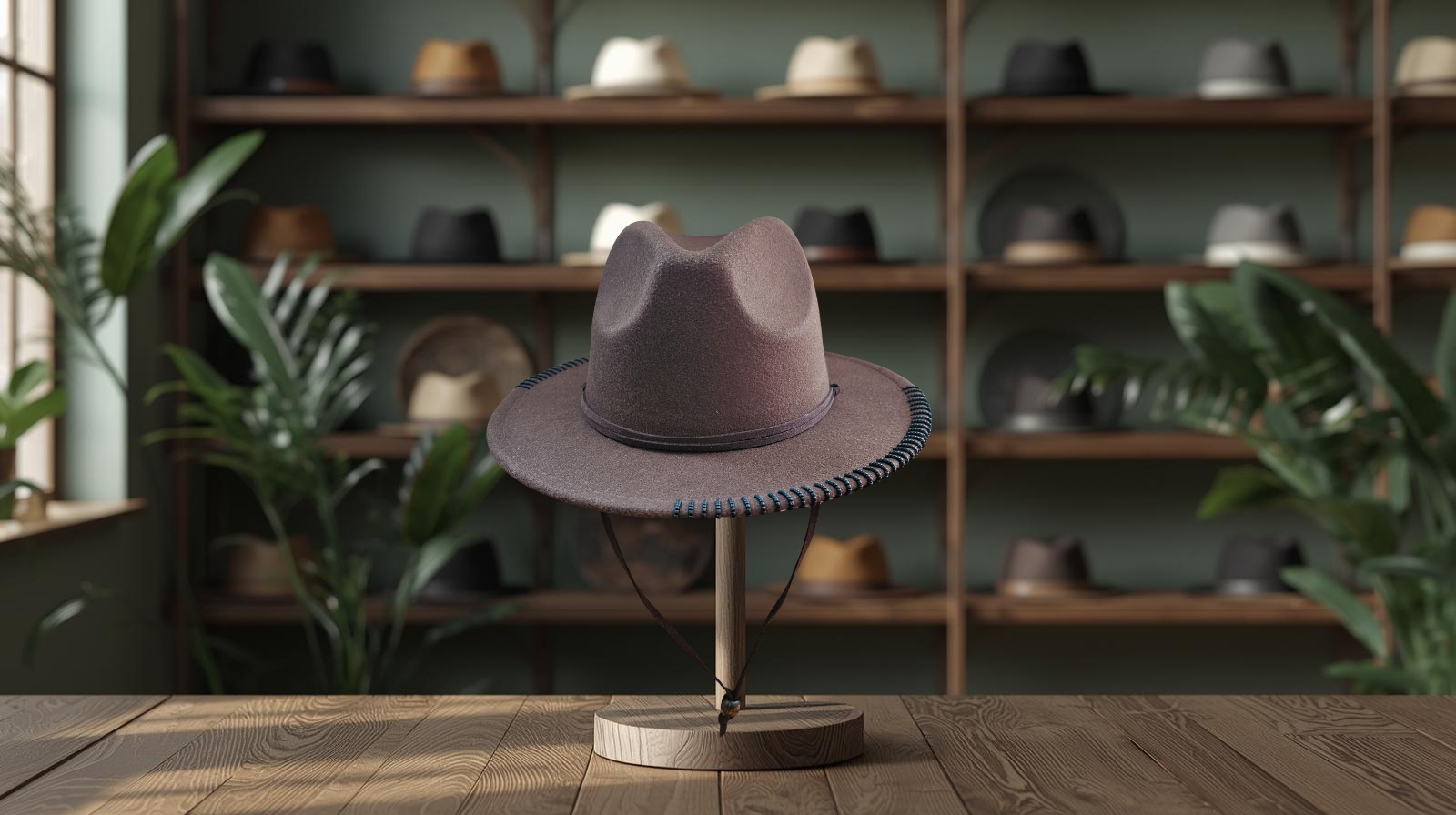 A brown felt chin strap fedora hat featuring a decorative back stitched edge around the brim, displayed on a wooden stand.