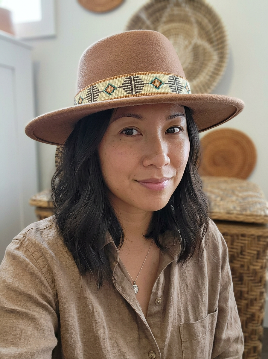 A woman wearing a tan felt fedora hat styled with a southwest-inspired geometric beaded hat band in ivory, sage green, and brown.