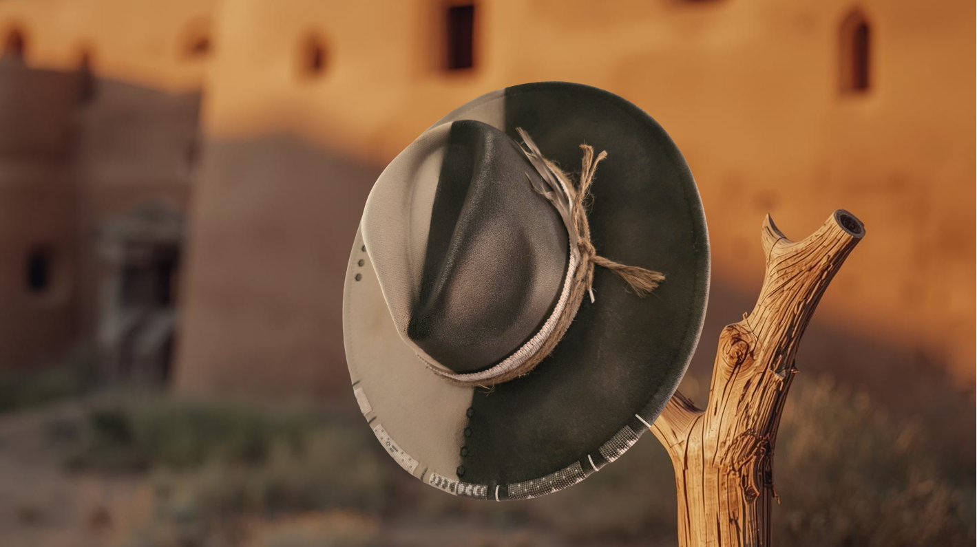 Custom split-color rancher hat featuring a patterned beaded brim and jute twine accent against a desert pueblo backdrop.