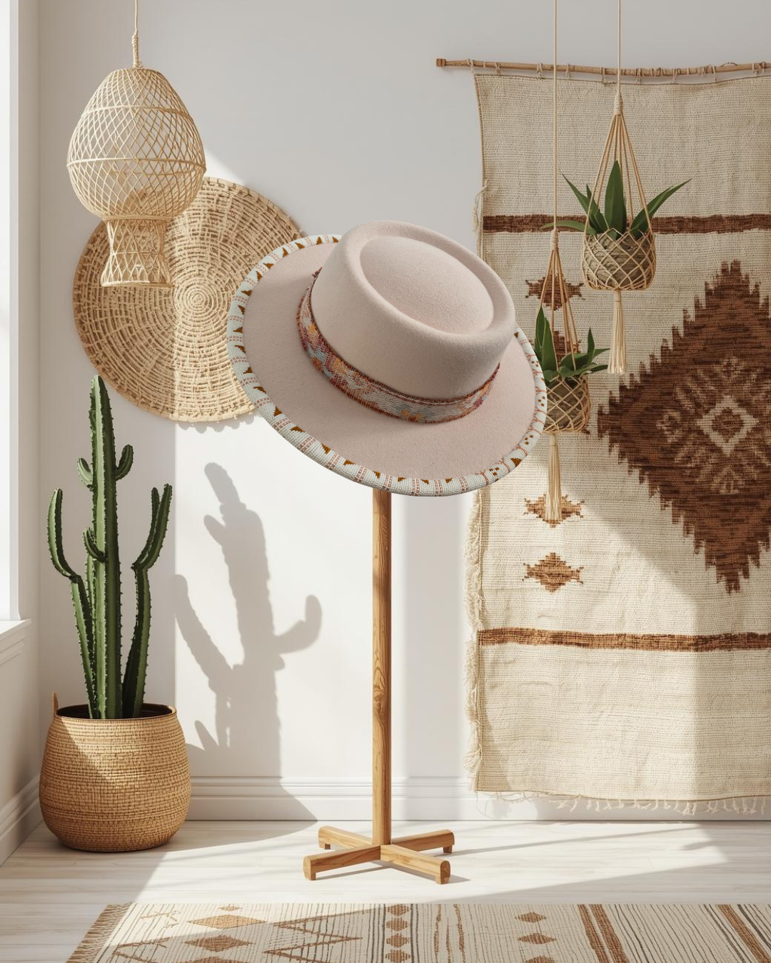 cream flat-top fedora hat featuring a hand-beaded patterned brim edge and a multi-colored beaded hat band
