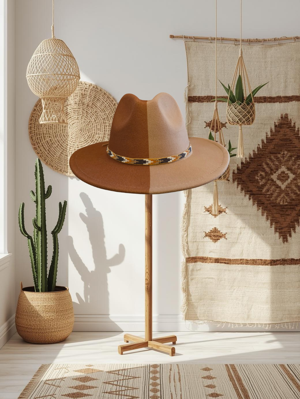 Handcrafted brown, ivory, and tan beaded hat band with a subtle southwestern desert-inspired pattern
