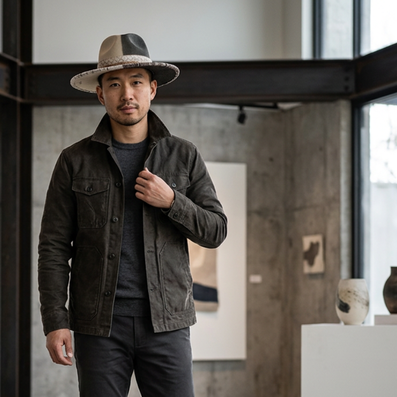 A man standing in an art gallery wearing a unique two-tone tan and black wool fedora hat with a patterned beaded brim.