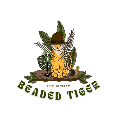 Beaded Tiger logo. A tiger sitting on a log wearing a hat with a beaded brim surrounded by leaves, a burning candle, a bundle of sage, and an incense burner on a white background.