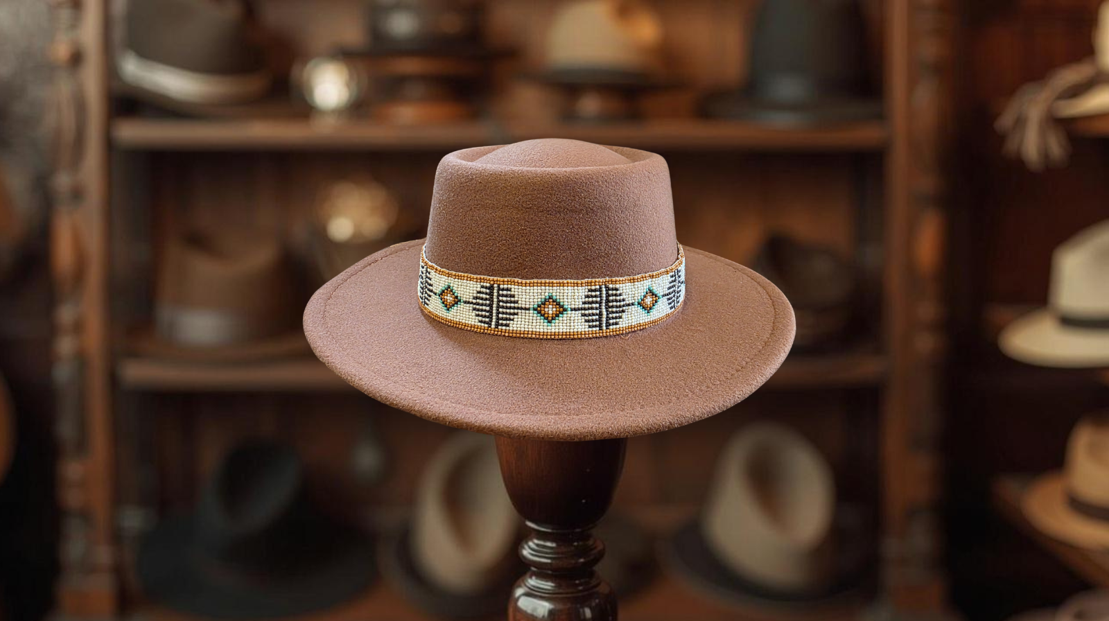 A brown felt fedora hat with a decorative band featuring geometric patterns in green, beige, and white, displayed on a wooden stand in a rustic hat shop.