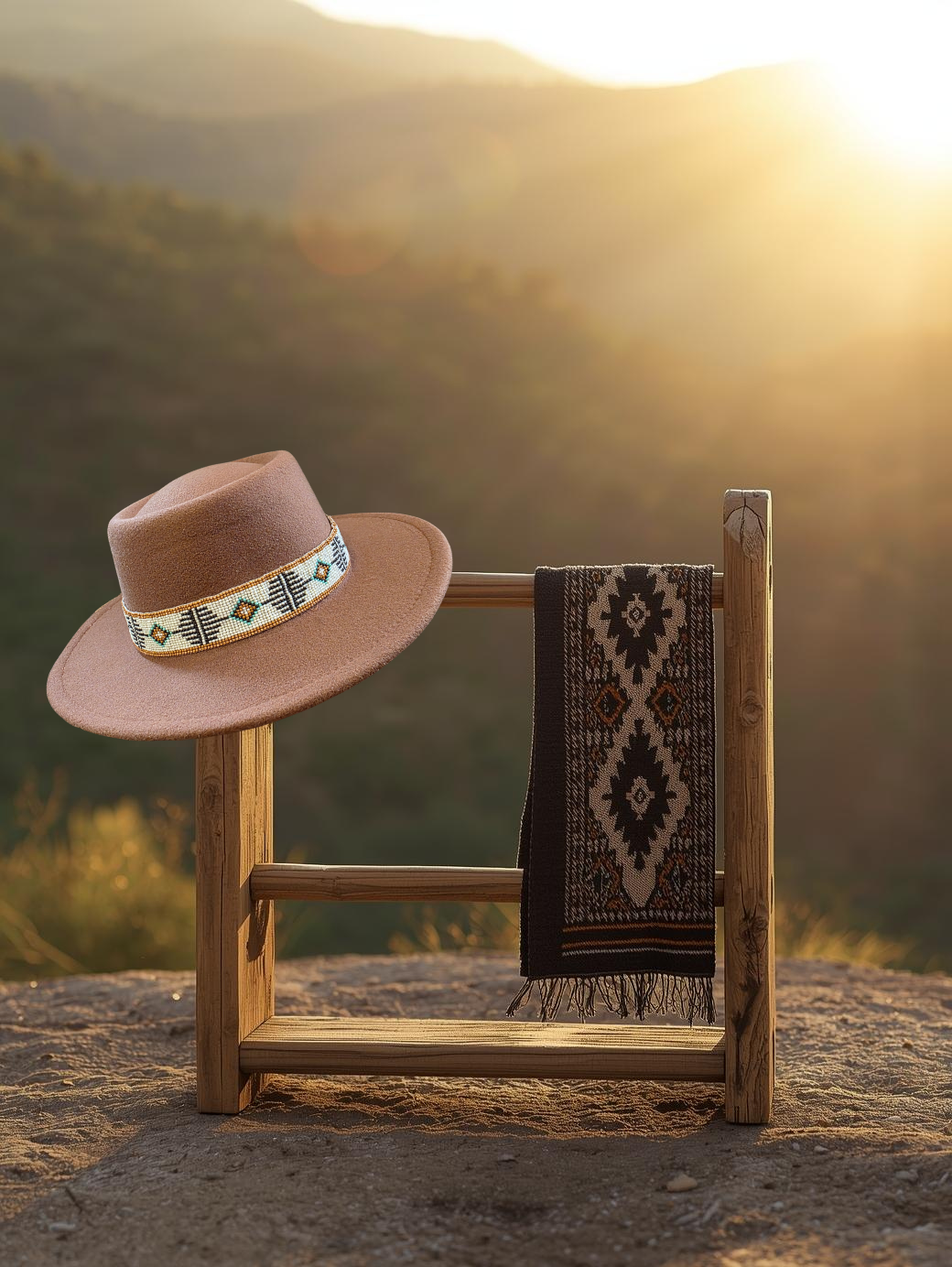 The Mesa beaded hat band by Willow Lane Hat Co. featuring a southwest diamond pattern on a tan flat-top fedora hat outdoors.