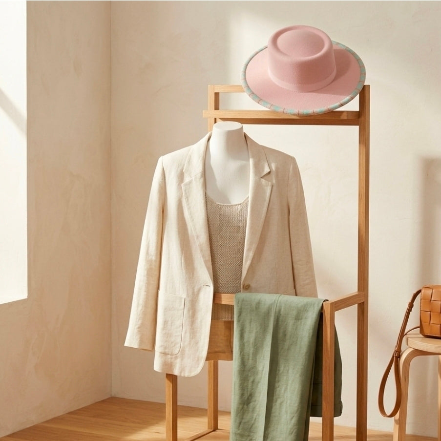 A light wood clothing rack styled in a warm, minimalist room. The rack holds a cream linen blazer over a ribbed knit top, with a sage green linen skirt draped over the lower rail.
