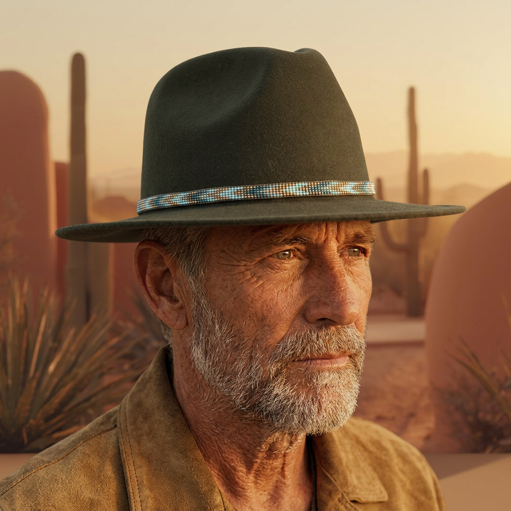 Model wearing a unique beaded hat band from Beaded Tiger hat collection