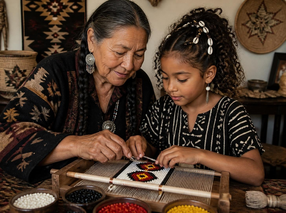 An elder woman teaching a young girl traditional weaving and beadwork to create meaningful cultural designs.
