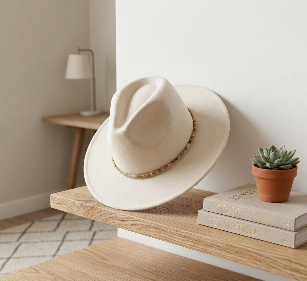 A cream-colored wide-brim fedora hat with a woven tan band, resting on a light wood shelf next to a small potted succulent and two decorative books in a minimalist room setting.