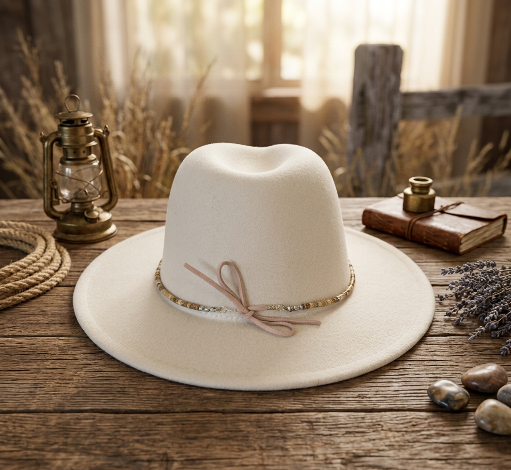 A cream-colored felt cowboy hat with a light pink ribbon and gold beaded band, displayed on a rustic wooden table surrounded by vintage props like a lantern, rope, and a book.