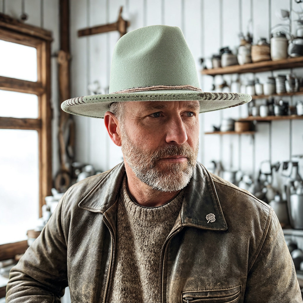 A man wearing a mint green wool fedora hat featuring a completely hand-beaded wide brim and a minimalist beaded crown band.