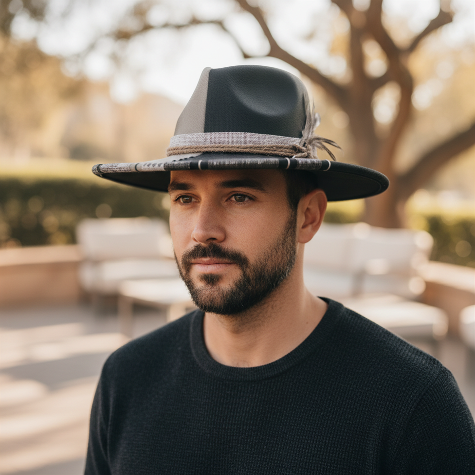 A man wearing a dark gray and black split-color fedora hat with a textured band, photographed in a warm, sunny outdoor setting.