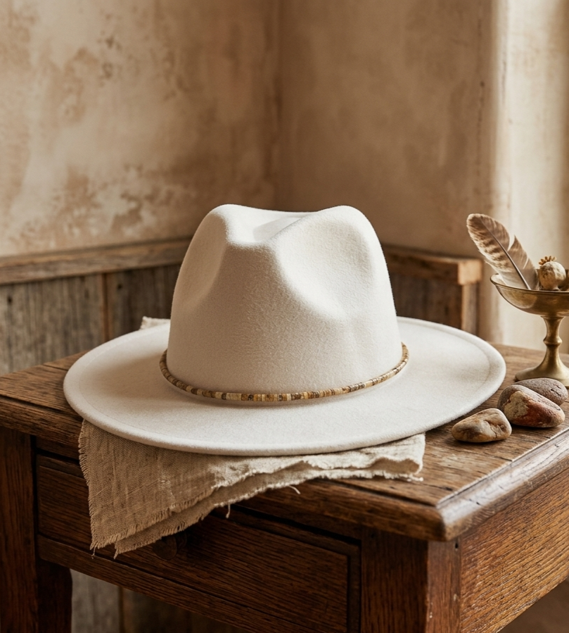 A cream-colored felt cowboy hat with a woven tan band, displayed on a rustic wooden table with a linen cloth and decorative stones.