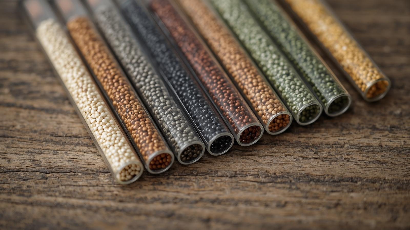 Several clear glass tubes filled with small seed beads in different earthy colors, arranged diagonally on a rustic wooden surface.