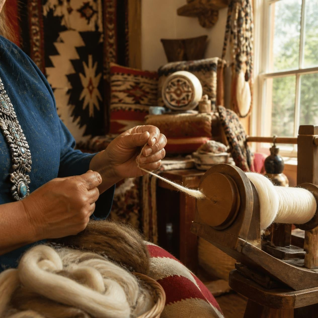 A person spinning wool fiber on a wooden spinning wheel in a warmly lit, rustic room with woven textiles and patterned pillows in the background.