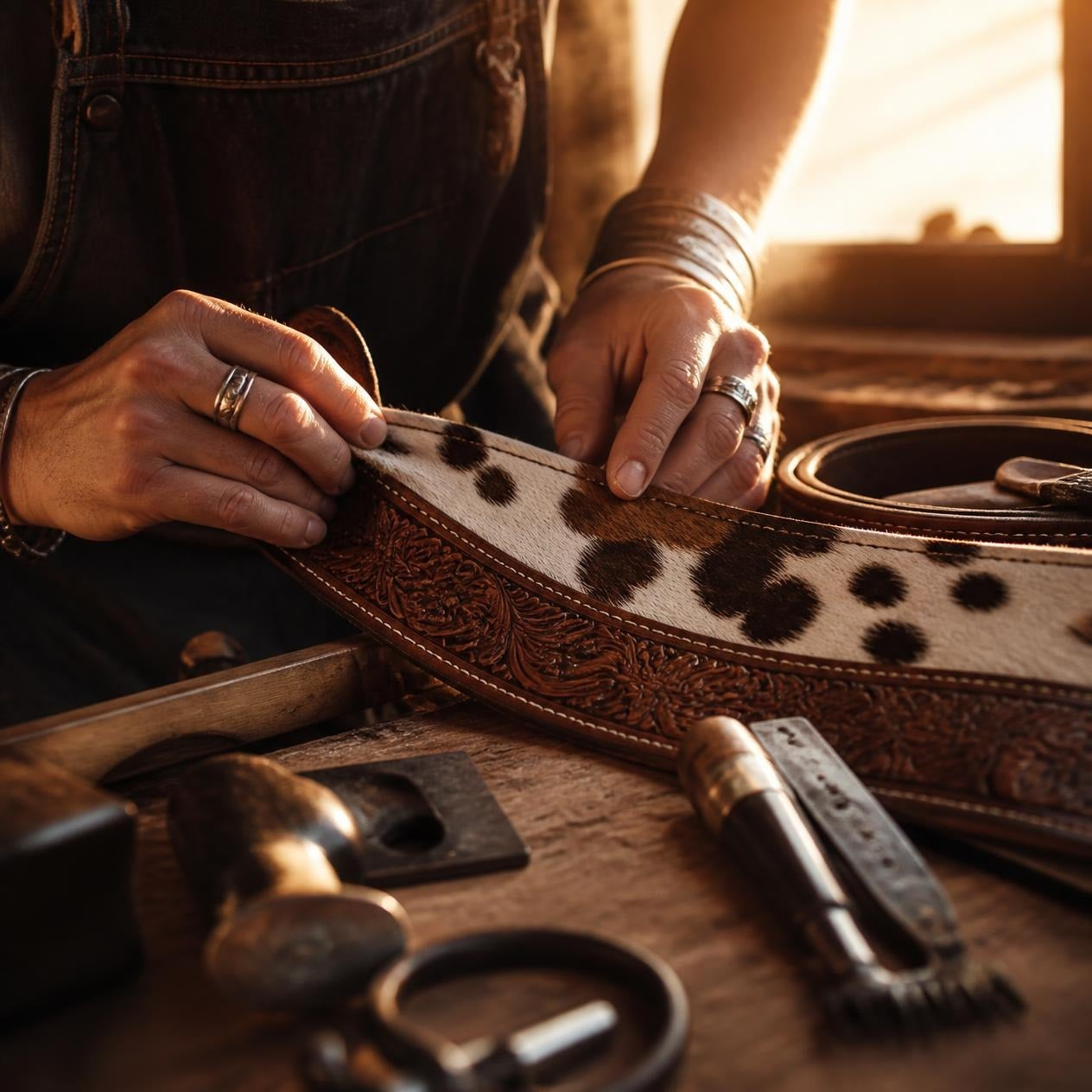 A close-up of a person's hands holding a tooled leather belt with black cowhide spots, surrounded by leatherworking tools on a wooden workbench.