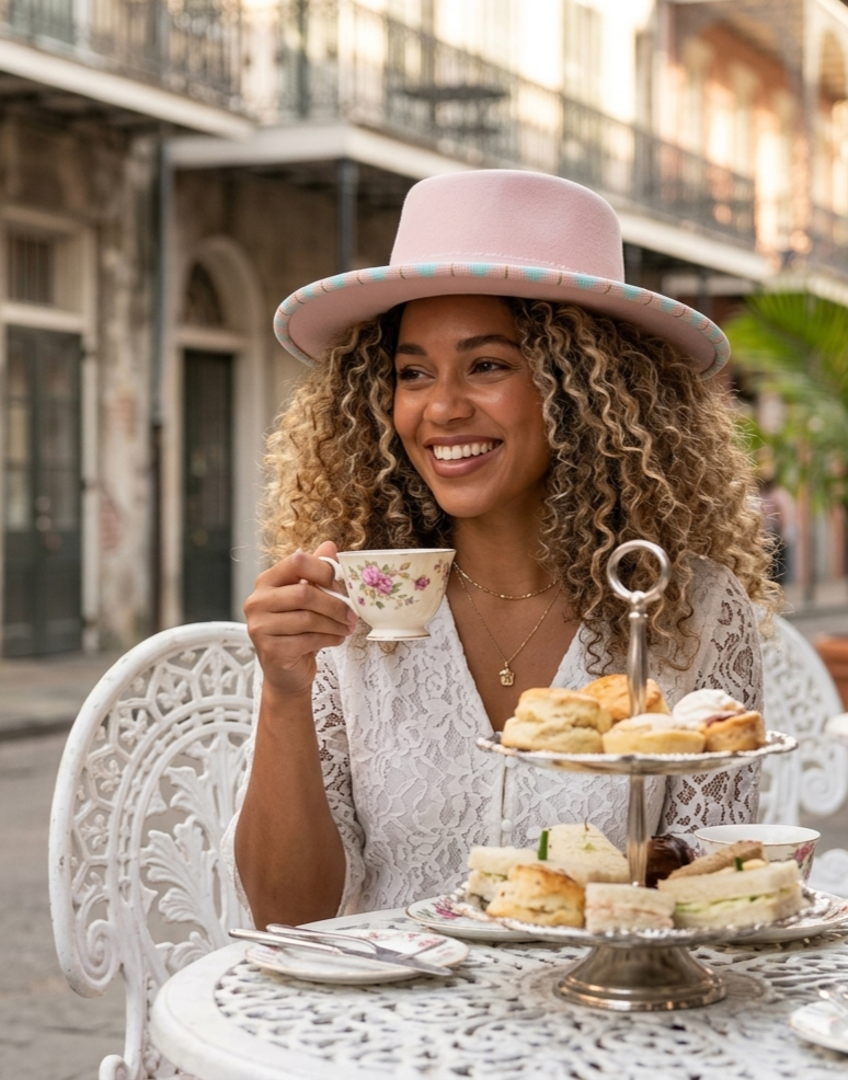 A smiling woman with curly hair sits at an outdoor cafe table holding a floral teacup, with a three-tiered pastry stand and sandwiches in front of her. She wears a light pink wide-brim hand beaded hat and a white lace top, with a softly blurred street scene in the background.