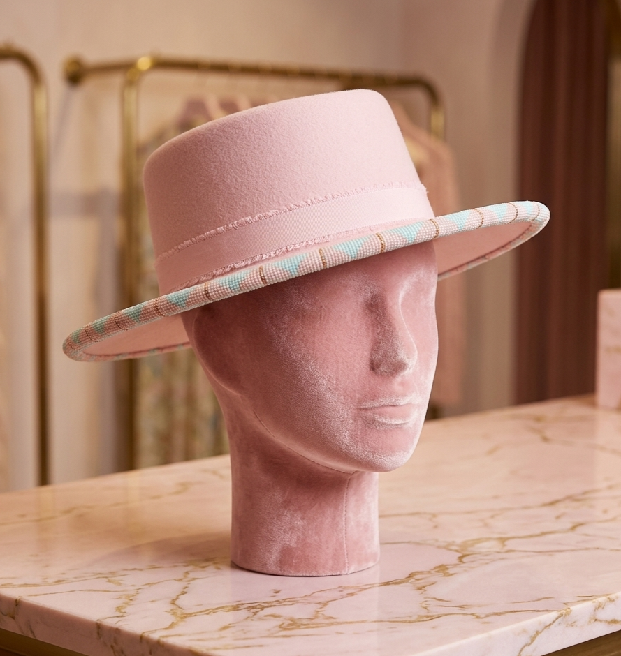 A light pink felt wide-brim hat with a patterned beaded brim, displayed on a pink mannequin head on a marble countertop.